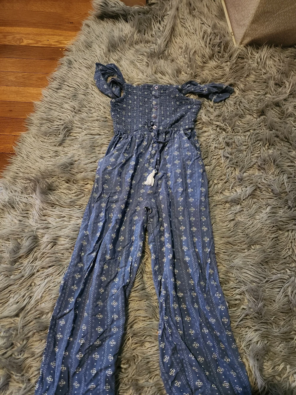Smocked Blue Printed Strap Jumpsuit